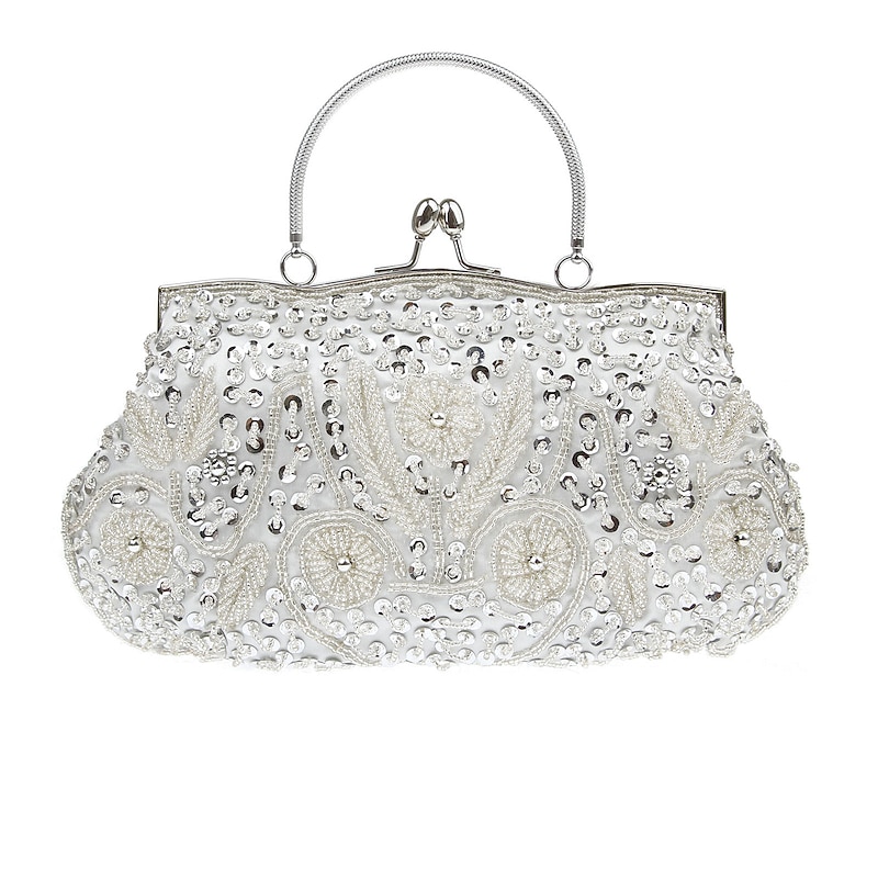 Women's White Beaded Evening Clutch Purse – Vintage Sequin Embroidered Handbag for Weddings, Formal Events, and Cocktail Parties4