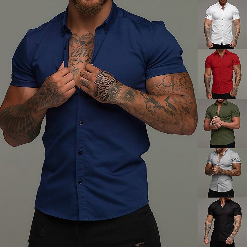 Men's Shirt Summer Shirt Button Up Shirt Black White Red Blue Green Short Sleeve Plain Collar 3D Print Outdoor Casual Clothing Apparel Casual Slim Fit
