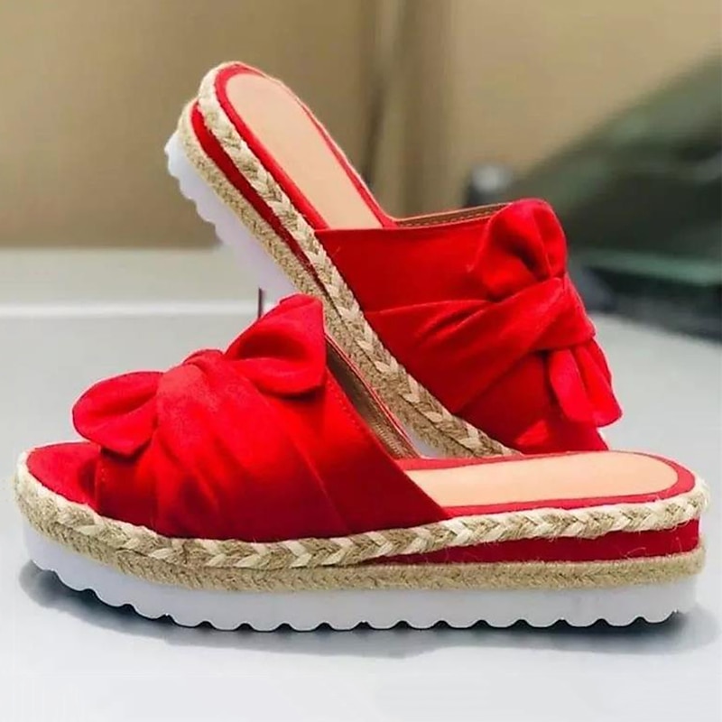 Women's White Bow Espadrille Platform Sandals – Casual Summer Slide-On Wedges with Braided Jute Sole3