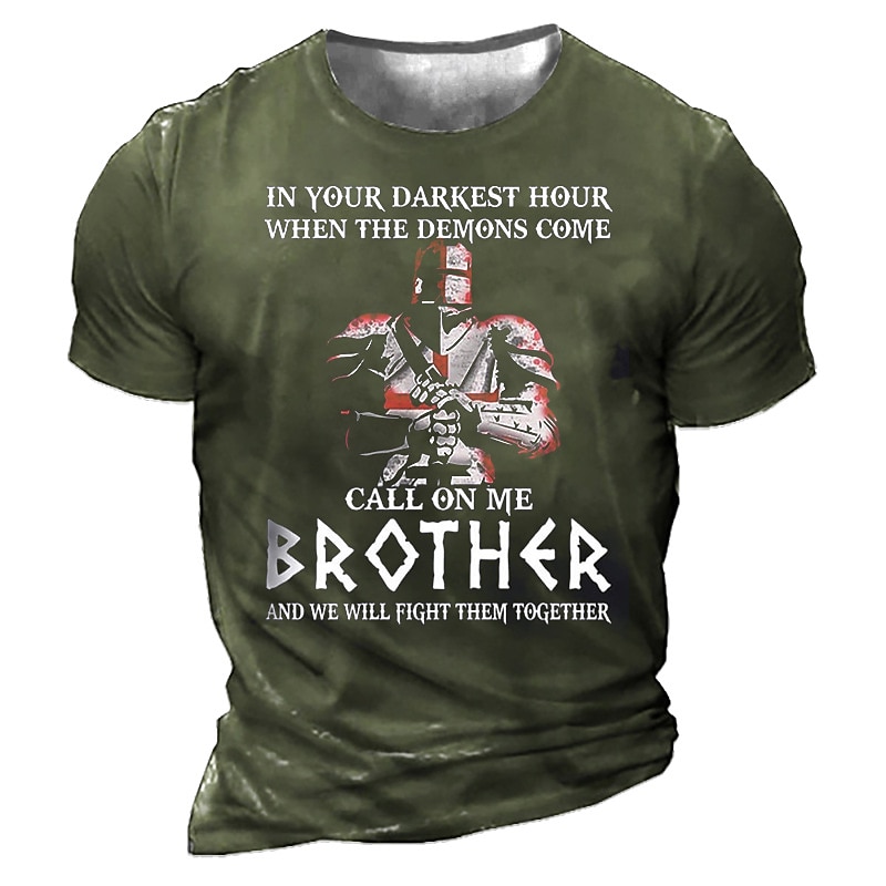 Mens Graphic T-Shirt with Brotherhood 'Call On Me Brother' Crusader Knight Loyalty Support Design