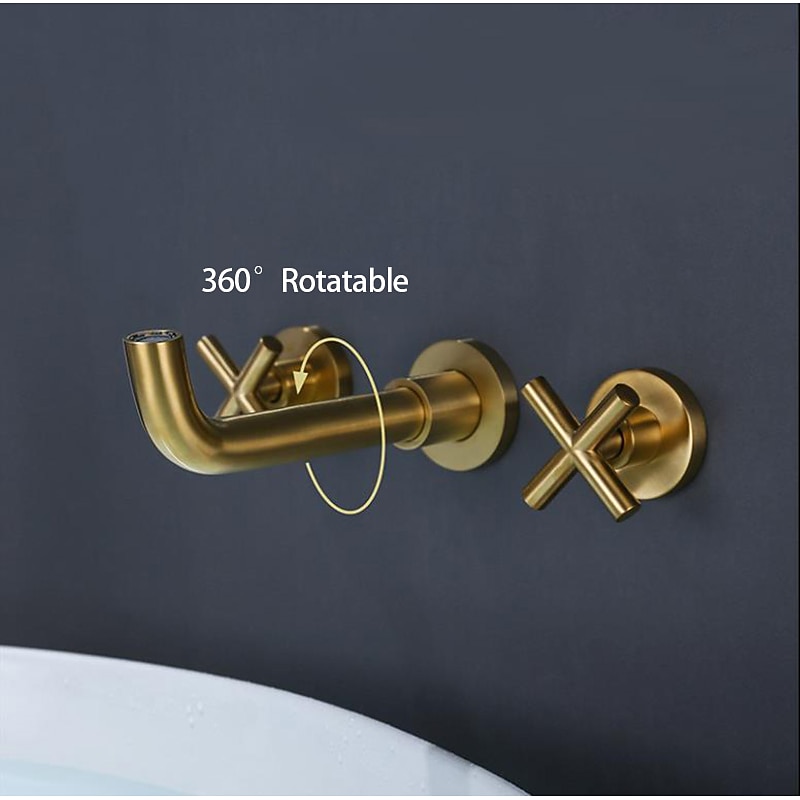 Wall Mount Bathroom Sink Mixer Faucet, Washroom Basin Brushed Gold Faucet Brass Basin Mixer Taps and Rough in Valve Included with Double Handle for Vessel Water Tap2