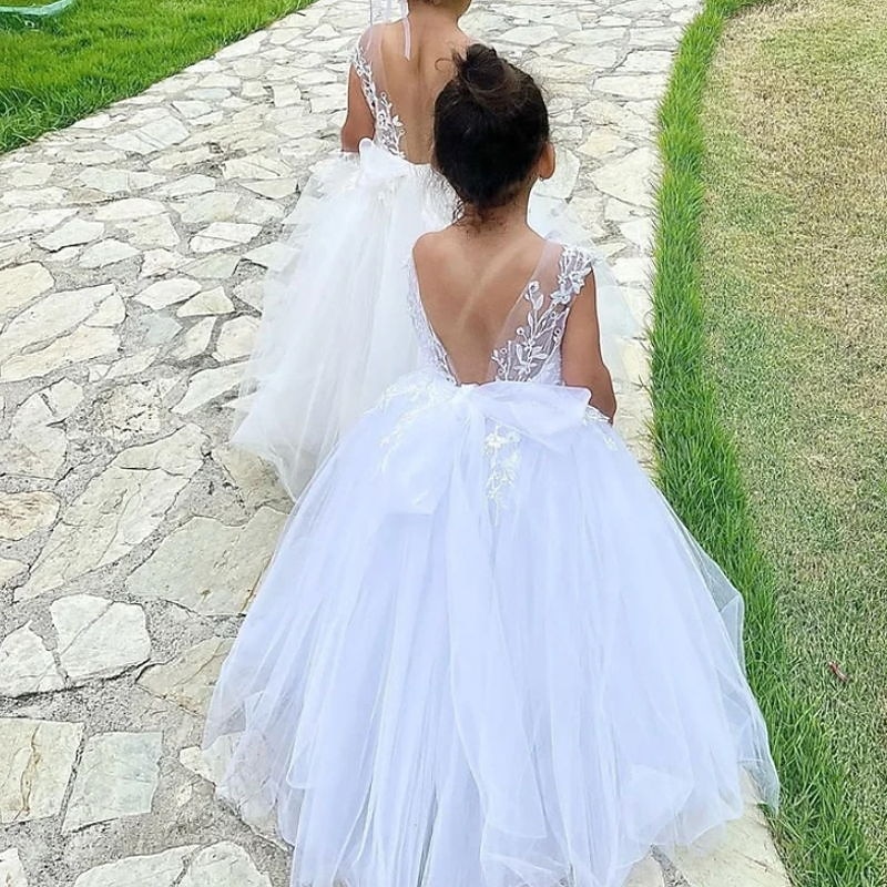 Flower Girl Dress Girls' Dress Formal Dress Princess Dress First Communion Dress Party Dress Performance Wedding Party Princess Sweet Easter Mesh Backless Flower Sleeveless V Neck White 3-12 Years4