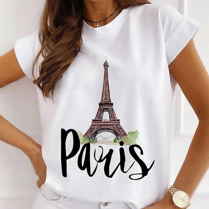 Women's T Shirt 100% Cotton New Paris Tower Print Pattern Women's Casual Round Neck Personalized Cute And Simple