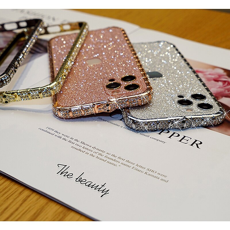 Phone Case For iPhone 14 Pro Max Plus 13 12 11 Pro Max Mini Back Cover Bumper Frame for Women Girl Bling Glitter Shiny Shockproof TPU Rhinestone Metal