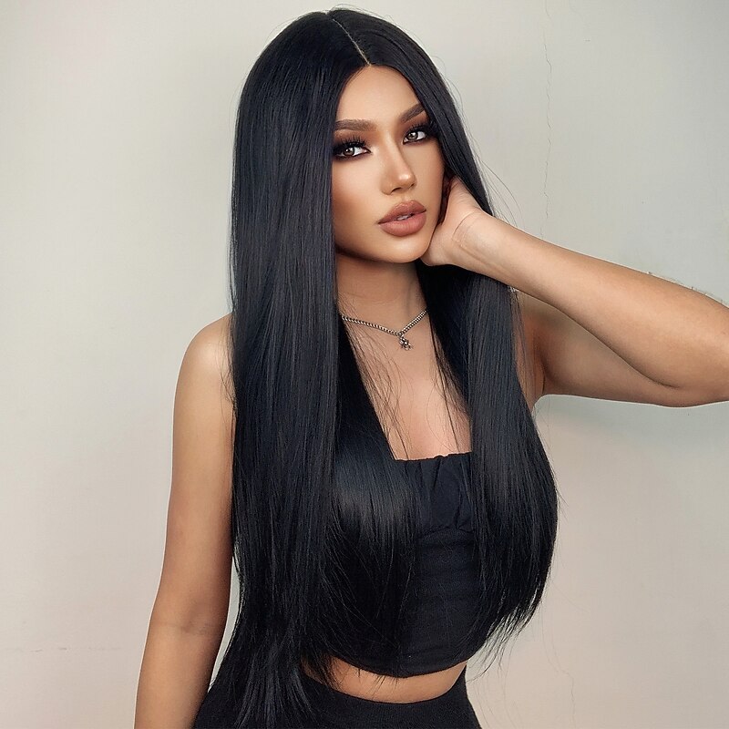 HAIRCUBE Black/Auburn/Golden/Wine/Ombre Brown Lace Front Wig Long Natural Straight 13*4*1 T Part Kanekalon Lace Wig With Baby Hair for Women Daily Party 180% Density4