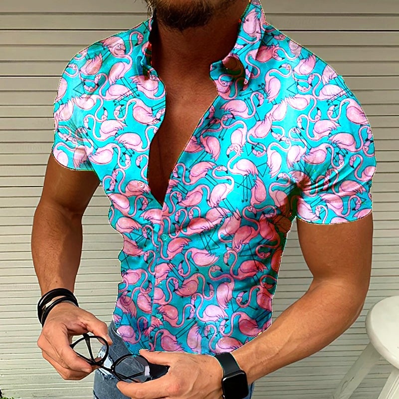 Men's Flamingo Tropical Shirt Summer Hawaiian Shirt Aloha Shirt Short Sleeve Shirt Turndown Exaggerated Designer Casual Outdoor Casual Daily Navy Blue Blue Dark Green 3D Print M L XL2