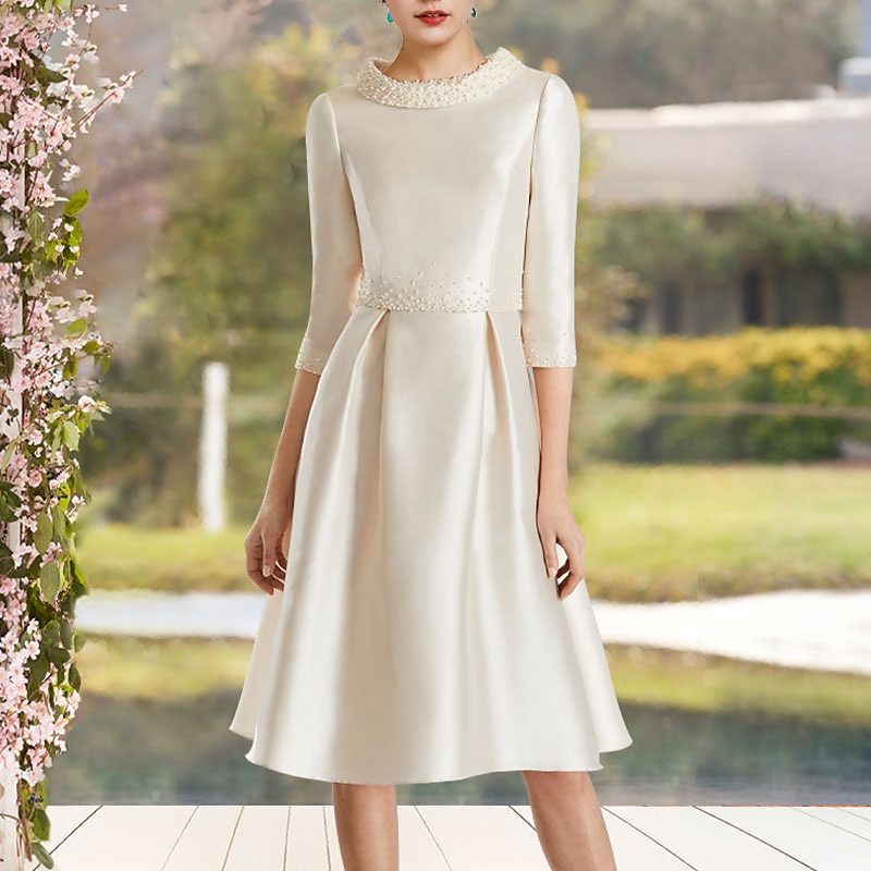 A-Line Mother of the Bride Dress Wedding Guest Elegant Jewel Neck Knee Length Satin Half Sleeve with Beading Race Day Dress3