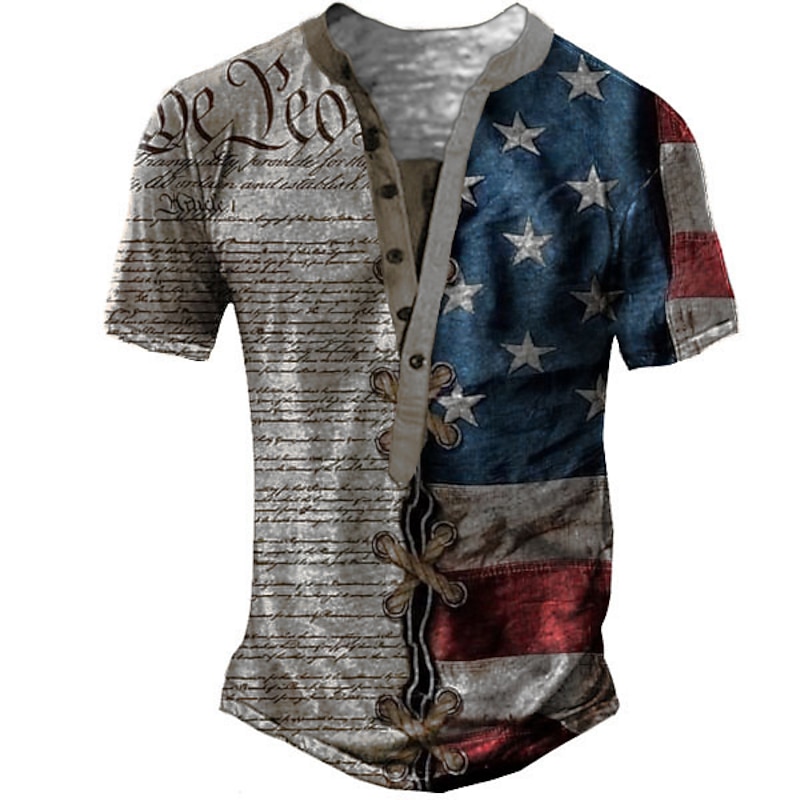 Men's Graphic Letter American Flag T shirt Henley Shirt Tee Short Sleeve 3D Print Designer Basic Classic Outdoor Daily Sports Summer Blue Khaki Gray Henley Henley T-Shirt2