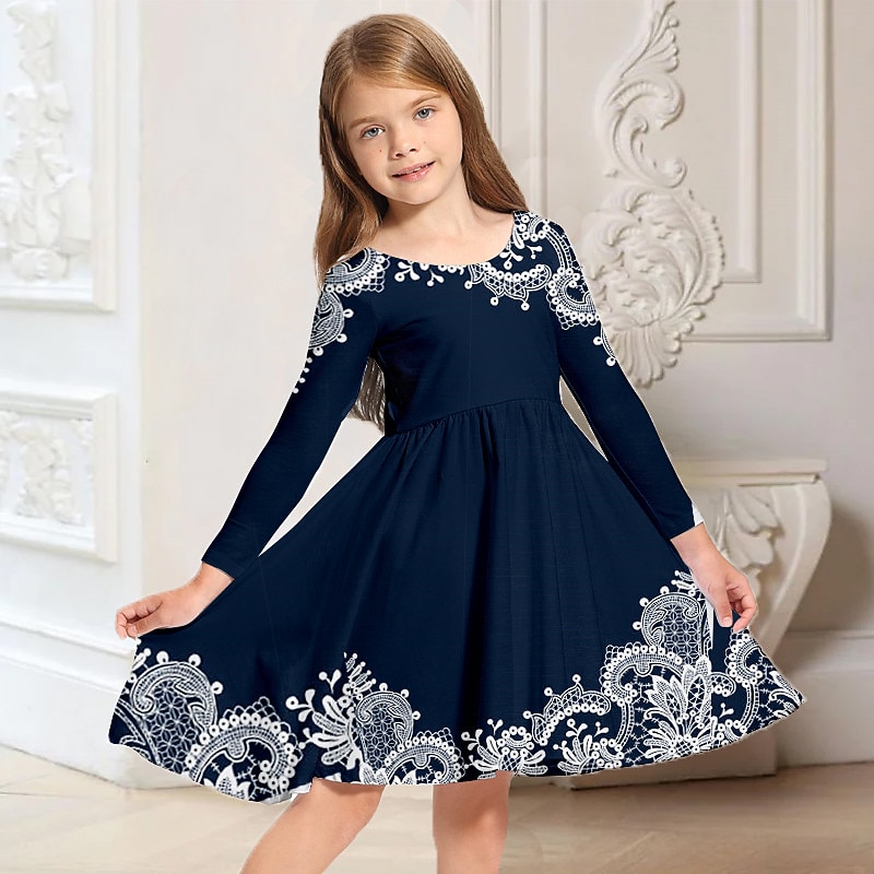 Kids Little Girls' Dress princess party A Line Dress Daily Holiday Vacation Print Navy Blue Above Knee Long Sleeve Casual Cute Sweet Dresses Fall Spring Regular Fit 3-10 Years
