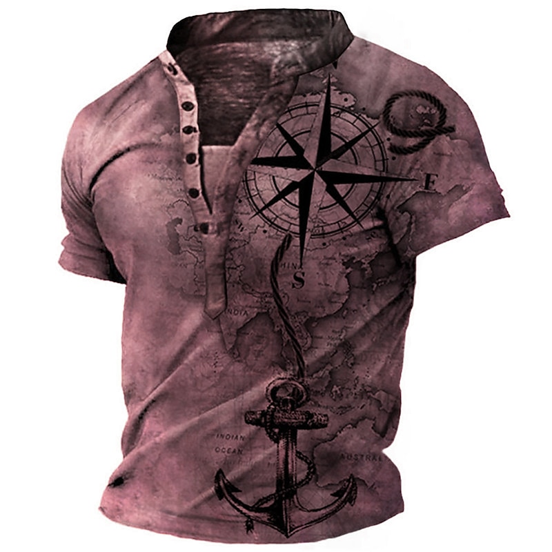 Summer Brown Compass And Anchor T shirt Tee Henley Shirt Tee Graphic Anchor Compass Stand Collar Clothing Apparel 3D Print Plus Size Outdoor Daily Short Sleeve Button-Down Print4