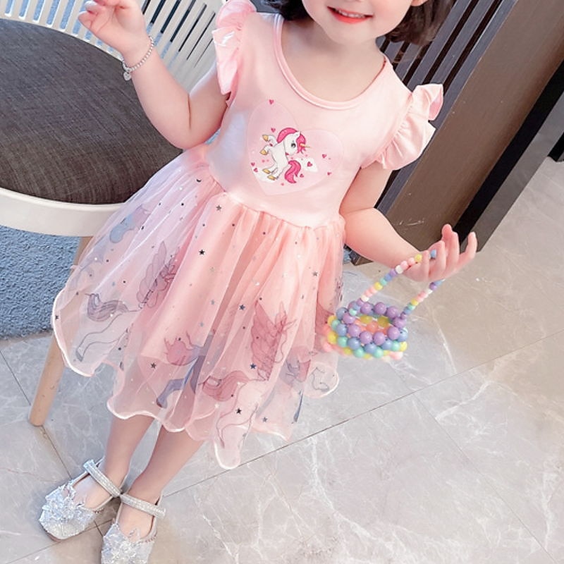 Kids Little Girls' Dress Unicorn A Line Dress Daily Holiday Mesh Print Blue Pink Knee-length Short Sleeve Princess Sweet Dresses Spring Summer Regular Fit 2-8 Years3