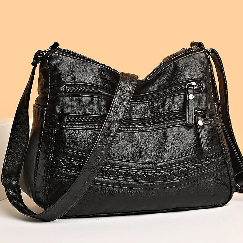 Brown Faux Leather Crossbody Bag for Women - Multi-Zip Casual Handbag with Adjustable Strap and Braided Accent, Perfect for Everyday Use and Travel3