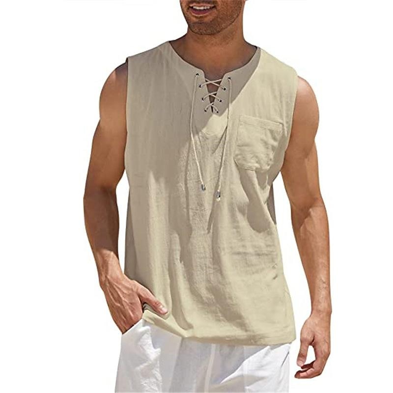 Men's Linen Shirt Summer Shirt Beach Shirt Cotton Linen Shirt Tank Top Solid Color Vacation Casual White Dark Green khaki Short Sleeve Collarless Clothing Apparel