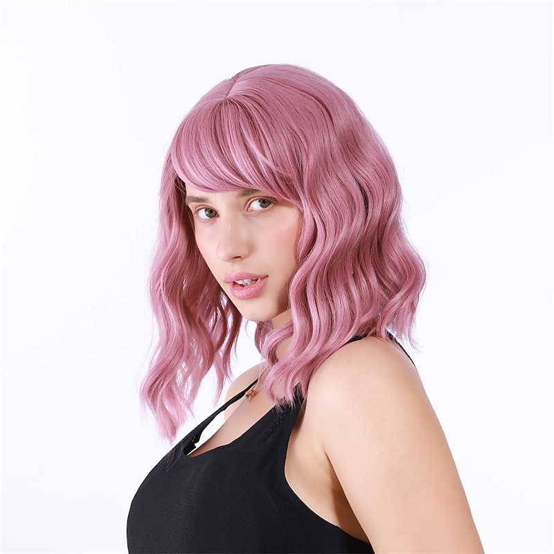 Short Wavy Pink Wig with Bangs Women Short Pink Bob Curly Wig with Bangs Pastel Wavy Wig for Women Shoulder Length Synthetic Wig Colorful  Wigs Cosplay Wig Halloween Wigs4