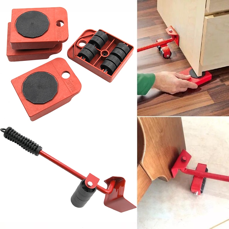 5Pcs Set Dropshipping Furniture Mover Set Furniture Mover Tool Transport Lifter Heavy Stuffs Moving Wheel Roller Bar Hand Tools