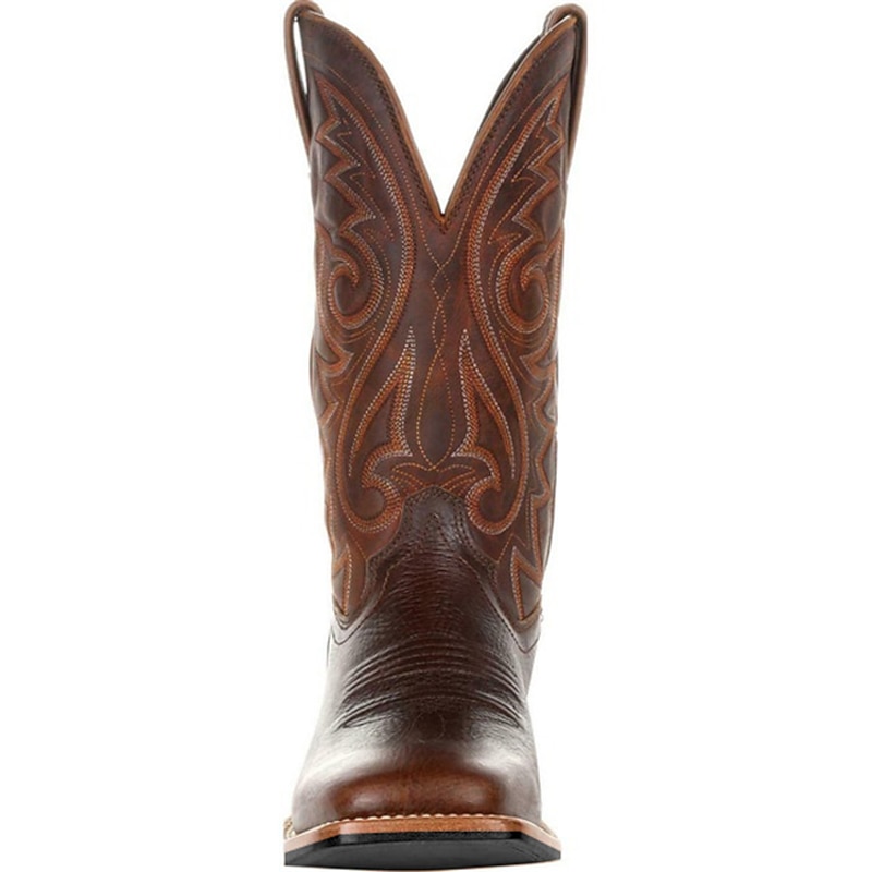 Men's Brown Western Cowboy Boots – Faux Leather with Intricate Embroidery, Classic Square Toe and Stacked Heel for Rodeo and Everyday Wear4