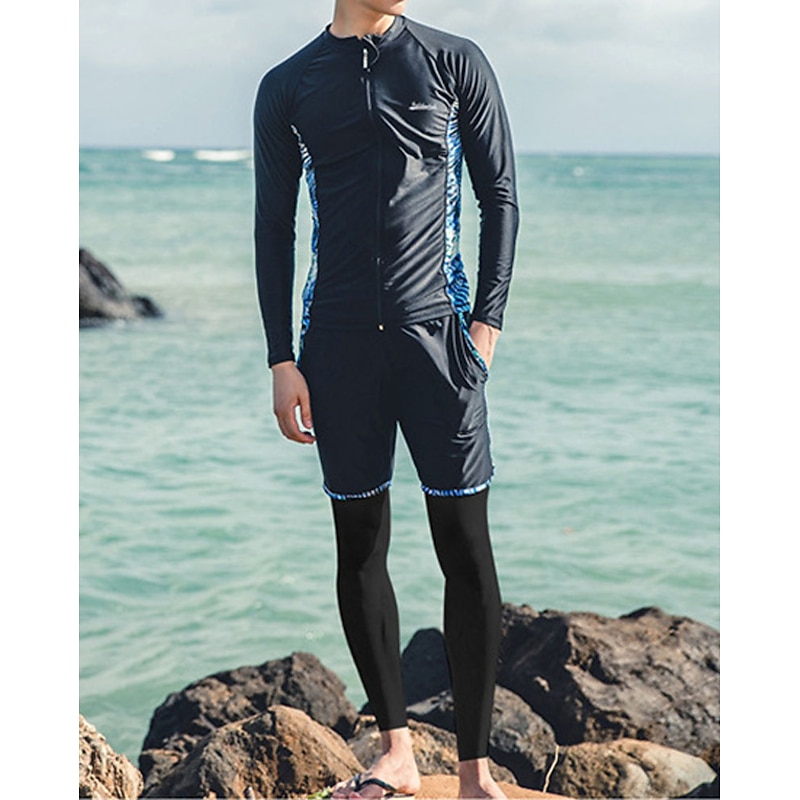 Men's Rash guard Swimsuit UV Sun Protection UPF50+ Breathable Long Sleeve Diving Suit Swimsuit 3-Piece Front Zip Swimming Surfing Snorkeling Beach Floral Summer Spring Autumn / Fall