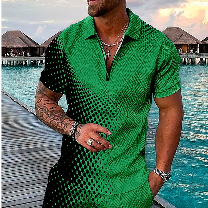 Men's Geometric Hawaiian Polo Shirts Golf Shirt Short Sleeve Polo Shirts Collared Shirts Casual Beach Wear Vacation Wear Party Outfits 3D Print Quarter Zip Polo Black / Gray Pink Red2