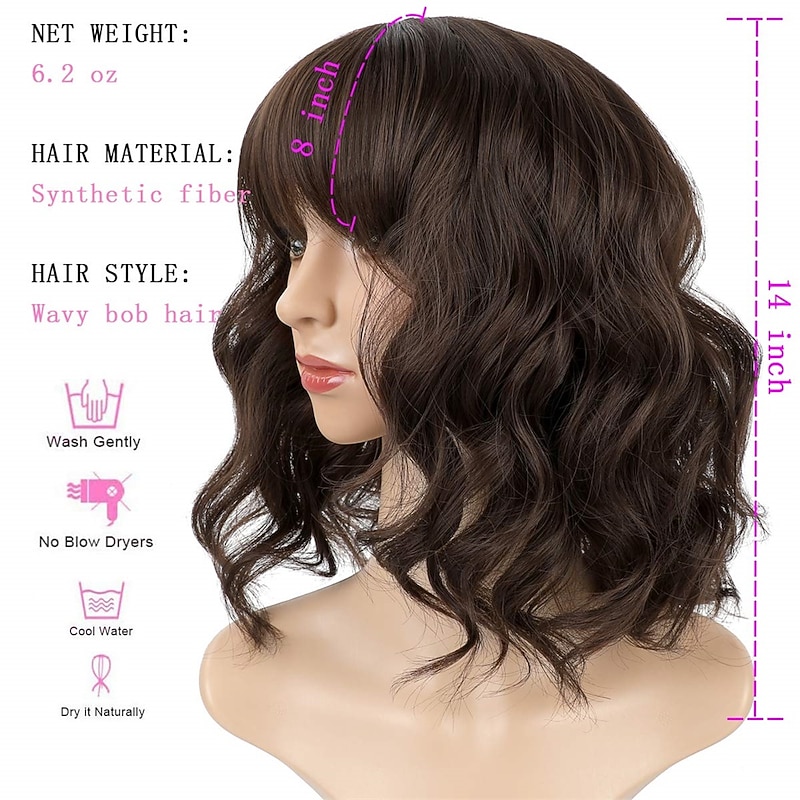 Short Bob Wave Wig with Bangs Womens Wavy Wig Natural Looking Heat Resistant Synthetic Cosplay Wigs for Girl Party Costume Wig Extensions Halloween Wigs2