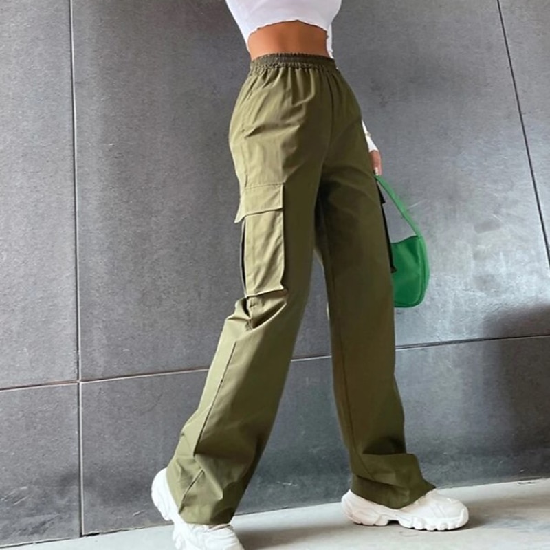 Women's Cargo parachute pants Chinos Trousers Full Length Cotton Blend Pocket Baggy Micro-elastic Mid Waist Fashion Casual Weekend Black Army Green S M Summer Spring & Fall3