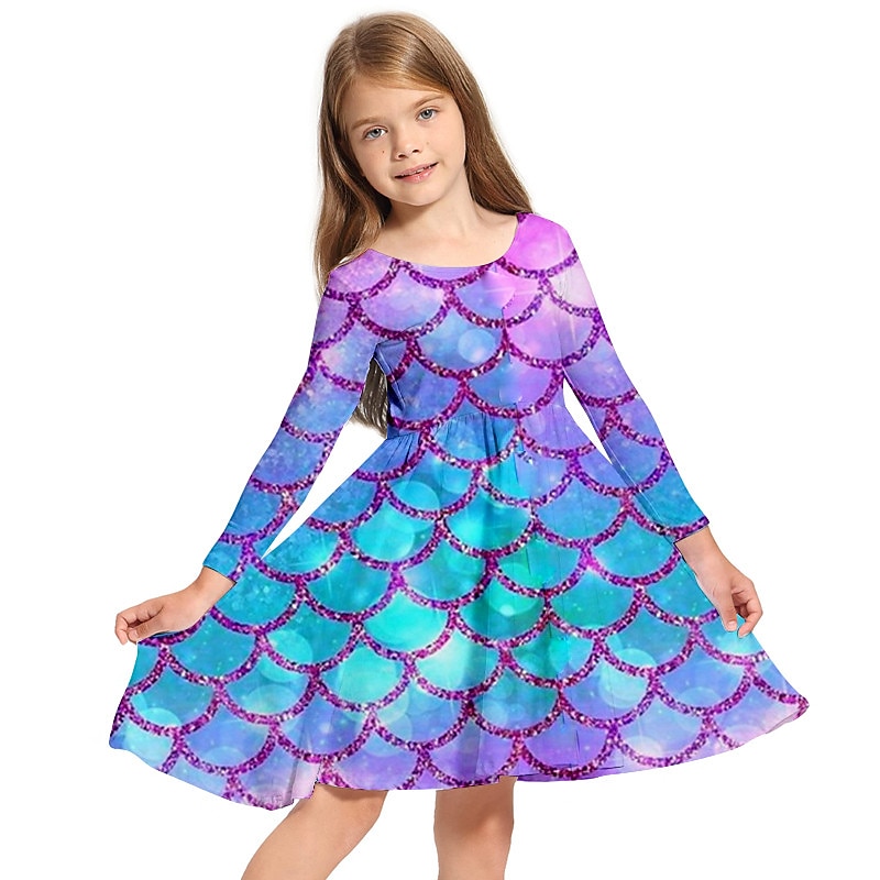 Girls' 3D Mermaid Dress Long Sleeve 3D Print Spring Fall Daily Holiday Vacation Cute Casual Sweet Kids 3-10 Years Swing Dress A Line Dress Above Knee Polyester Regular Fit