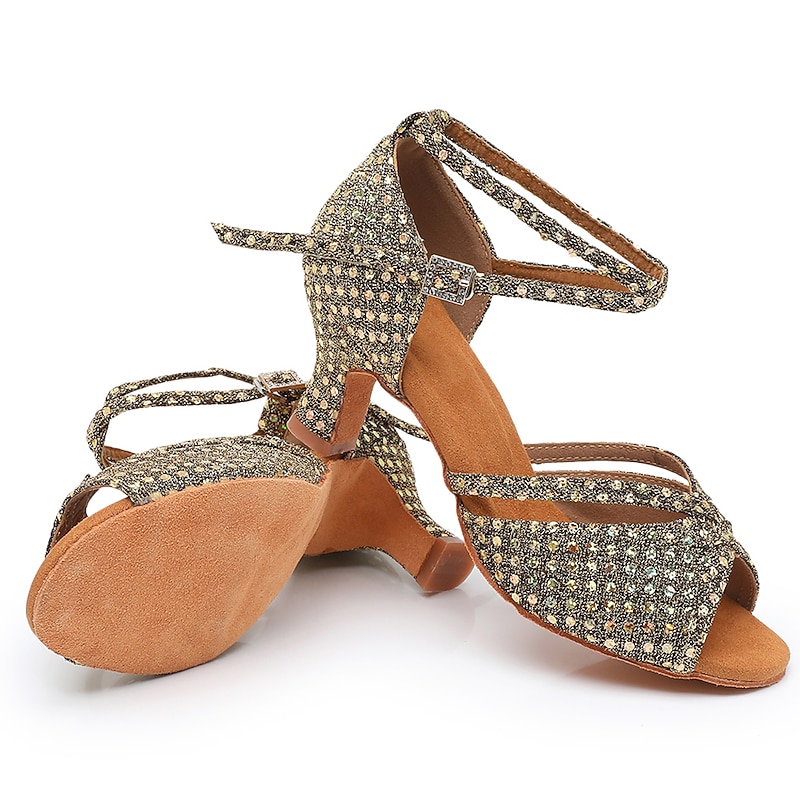 Women's Latin Shoes Dance Shoes Indoor Professional ChaCha Glitter Crystal Sequined Jeweled Softer Insole High Heel Round Toe Buckle Adults' Dark Brown / Sparkling Glitter / Satin 15