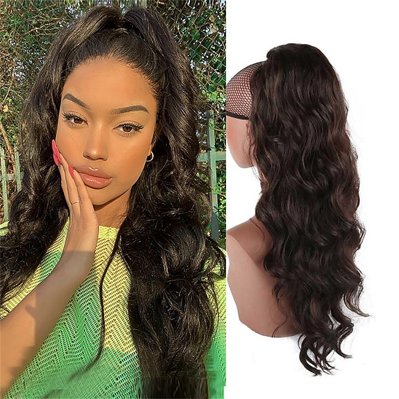 24 inch Body Wave Drawstring Pony Tail For Black Women Heat Resistant Dark Brown Synthetic Ponytail Hair Extensions