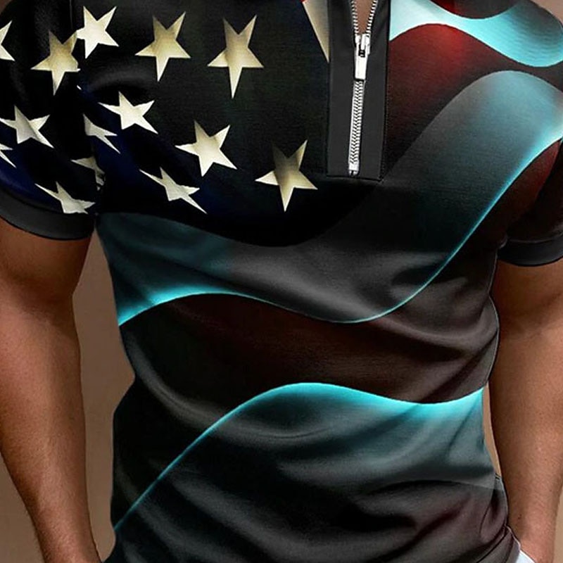 Men's American Flag Veterans Zip Polo Shirts Golf Shirt Short Sleeve Polo Shirts Collared Shirts Casual Streetwear Vacation Wear Party Outfits 3D Print Quarter Zip Polo Black White Black / Purple2