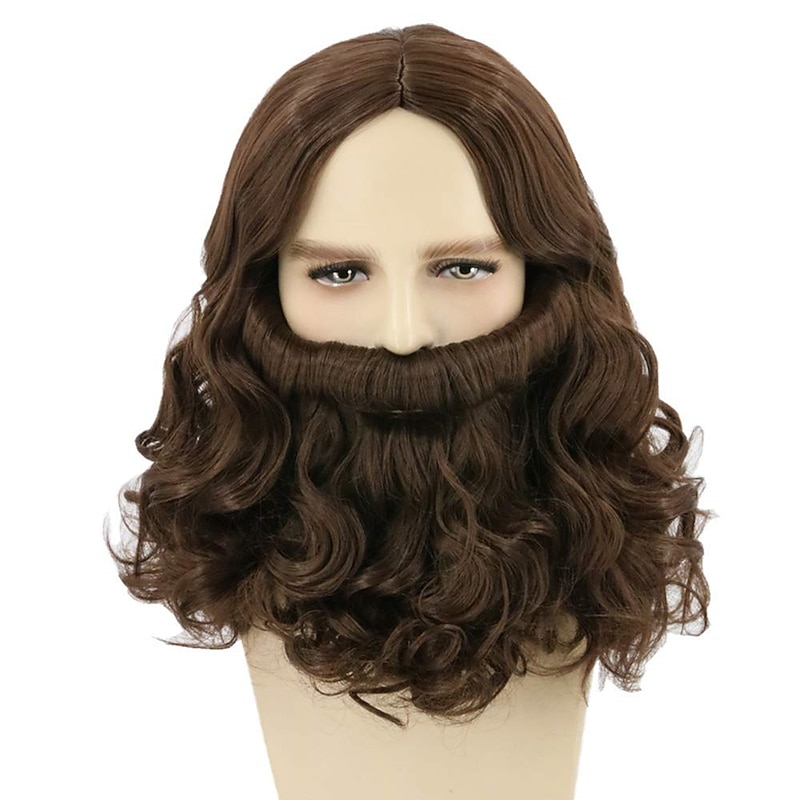 Lemarnia Wizard Wig and Beard Long Curly Hair for Cosplay Party Wig  Dark Brown Wigs Halloween Wigs2