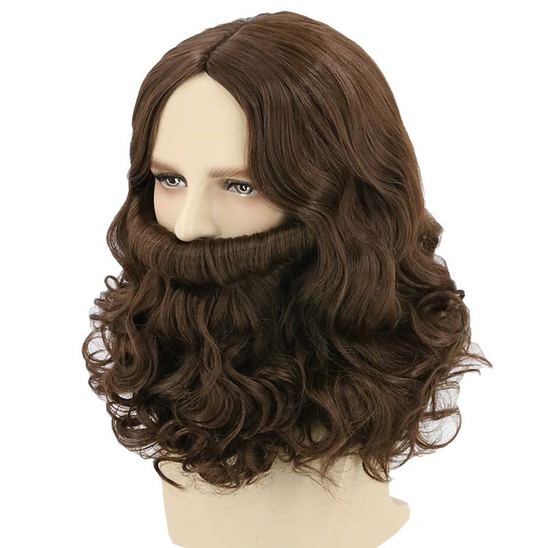 Lemarnia Wizard Wig and Beard Long Curly Hair for Cosplay Party Wig  Dark Brown Wigs Halloween Wigs