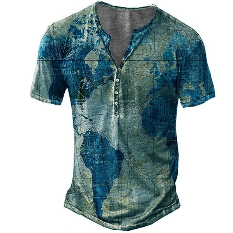 Men's Graphic Map T Shirt Vintage Shirt Henley Shirt Short Sleeve 3D Print Designer Basic Casual Outdoor Daily Sports Summer Blue Purple Green Khaki Henley Henley T-Shirt3
