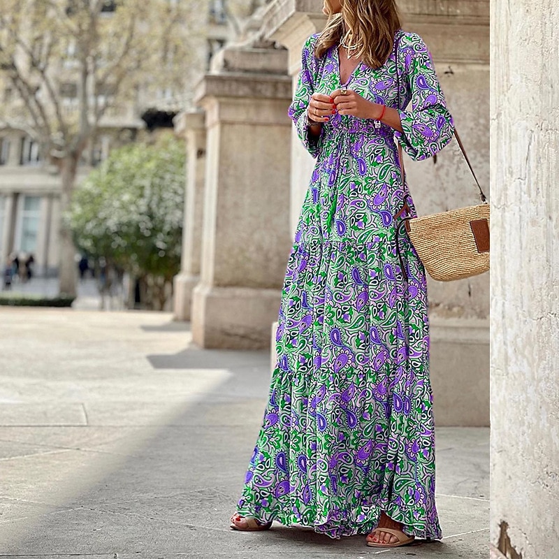 Women's Maxi long Dress Casual Dress Boho Chic Dresses Long Sleeve Boho Dress Boho Dress Elegant Bohemia Stylish Winter Dress Vacation Daily Regular Fit Floral Long Sleeve V Neck Pink Green Fall3