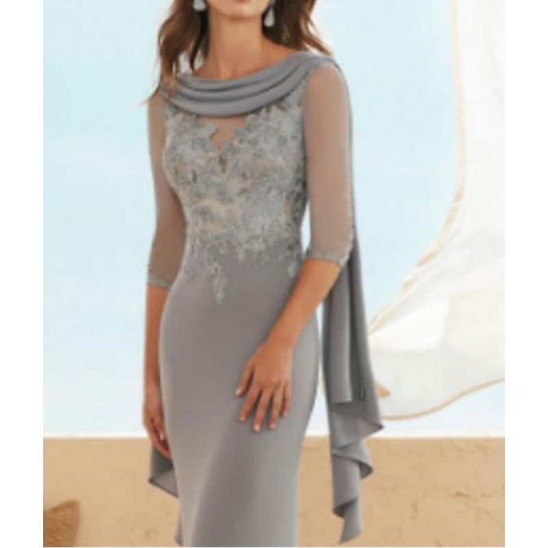 Sheath Mother of the Bride Dress Wedding Guest Elegant Plus Size Jewel Neck Floor Length Chiffon Lace Half Sleeve with Appliques Ruching2