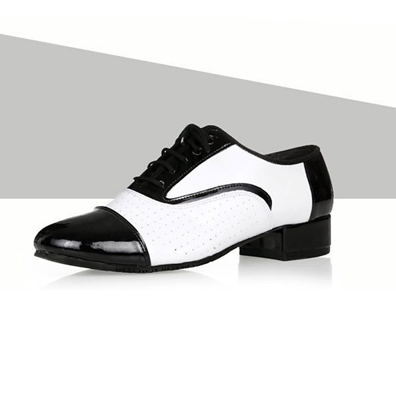 Men's Black and White Ballroom Dance Shoes – Patent Leather Lace-Up Latin & Jazz Performance Oxfords