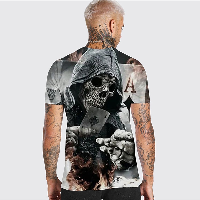 Men's Unisex Skull Graphic Prints Poker T Shirt Halloween Shirt Short Sleeve T shirt 3D Print Crew Neck Shirt Sports Designer Casual Outdoor Street Daily Red Brown Gray Summer Clothing Apparel S M L2