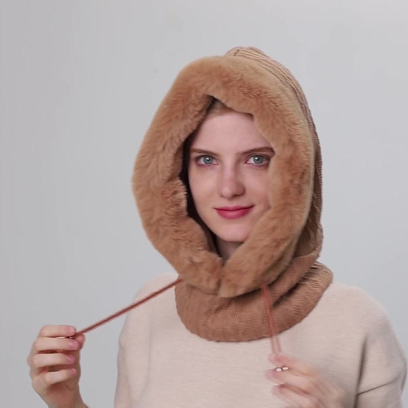 High Quality Winter Fur Cap Mask Set Hooded for Women Knitted Cashmere Neck Warm Outdoor Ski Windproof Hat Thick Plush Fluffy Beanies2