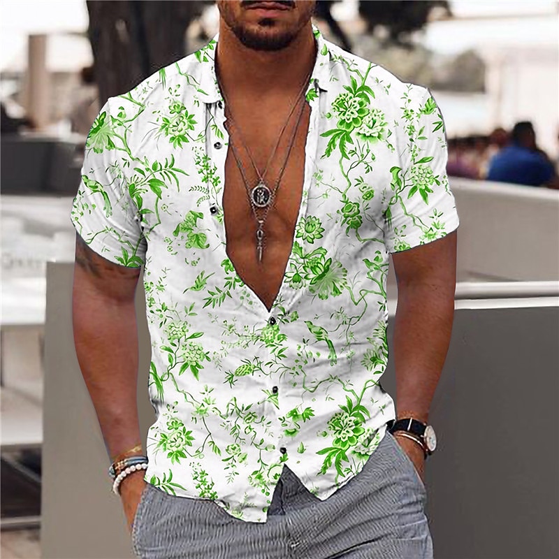 Men's Floral Tropical Flowers Leaves Shirt Summer Hawaiian Shirt Aloha Shirt Short Sleeves Shirt Turndown Fashion Designer Casual Outdoor Street Casual Yellow Light Green Blue 3D Print S M L4