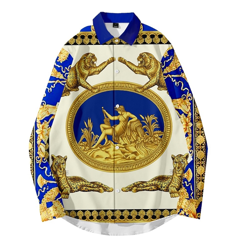 Men's Leaves Clock Shirt Button Up Shirt Vintage Designer Ethnic Style Daily Holiday Going out Spring, Fall, Winter, Summer Turndown 3D Print 21031 19014C gold c0018 19014C black c0015 13