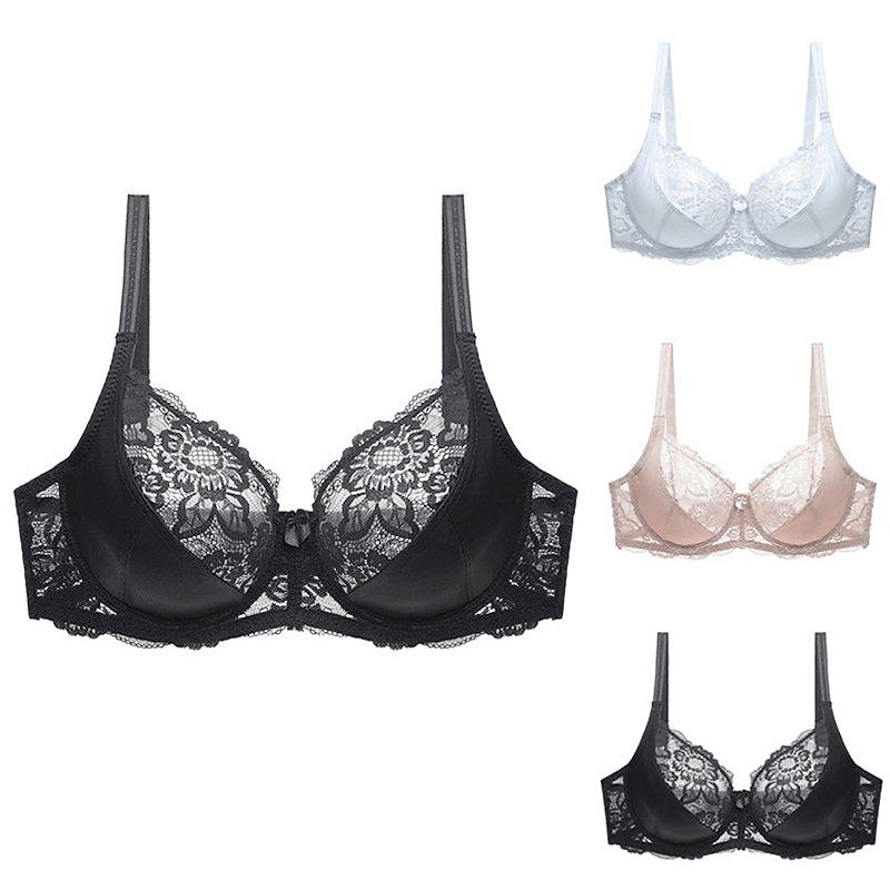 Female Luxury Lace Plus Size Gathered Bra Solid Color Push Up Fashion Sexy Thin Breathable Bra 2024 – GBP £21