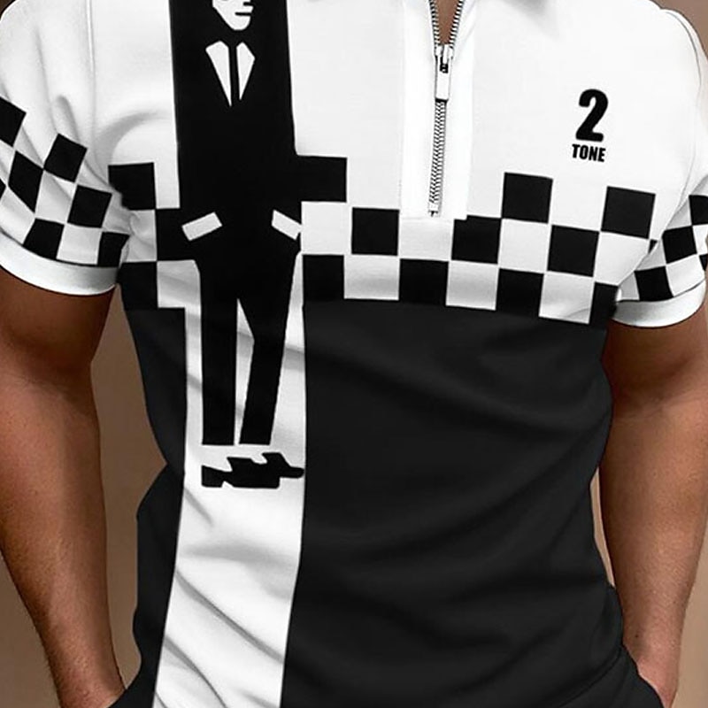 Music Festival Men's Plaid Music Zip Polo Shirts Golf Shirt Short Sleeve Polo Shirts Collared Shirts Casual Vacation Wear Festival Wear Party Outfits 3D Print Quarter Zip Polo Black-White Yellow Blue2