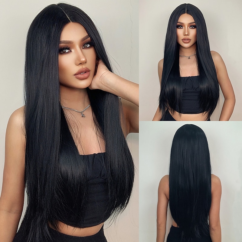 HAIRCUBE Black/Auburn/Golden/Wine/Ombre Brown Lace Front Wig Long Natural Straight 13*4*1 T Part Kanekalon Lace Wig With Baby Hair for Women Daily Party 180% Density