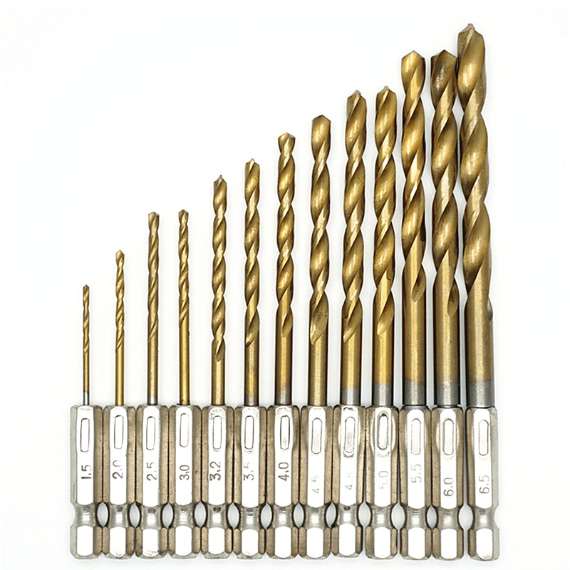 13pc Twist Drill Bits HSS High Speed Steel Titanium Coated Drill Bit Set 1/4 Hex Shank 1.5-6.5mm Hexagonal Handle Twist Drill3
