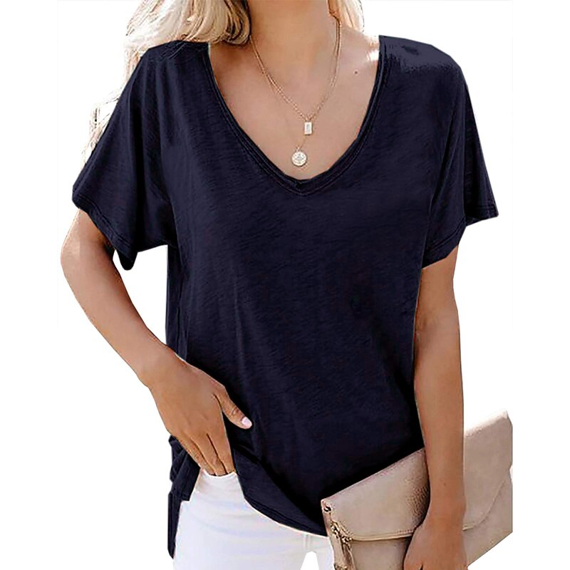 Women's T Shirt Plain Beach Short Sleeve V Neck Regular Tops Casual Black White Army Green Navy Blue Light Grey3