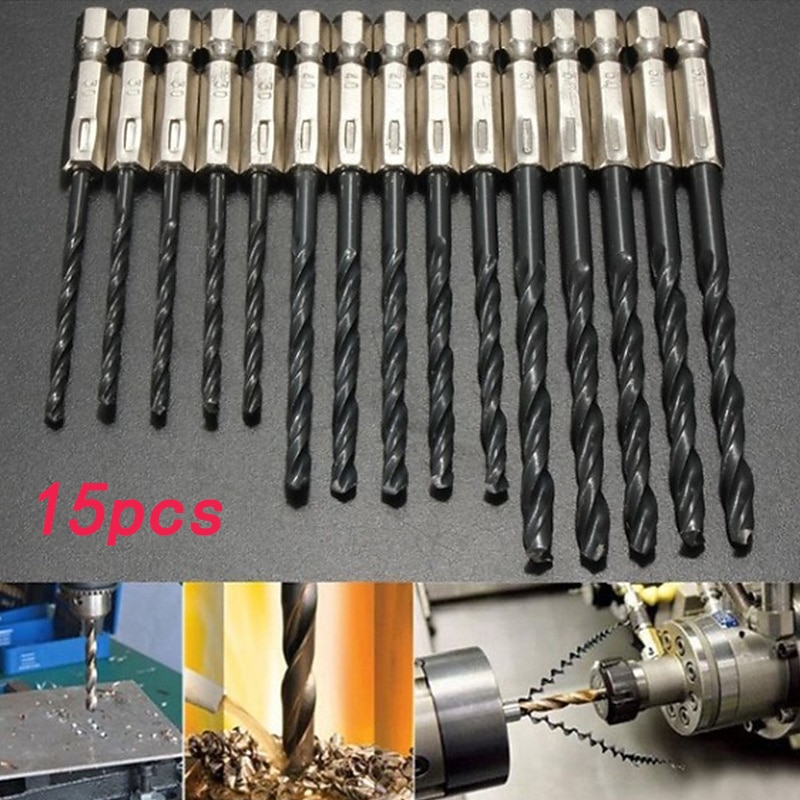 15PC hexagonal black twist drill 3mm4mm5mm high speed steel nitriding drill set with wood and metal holes2