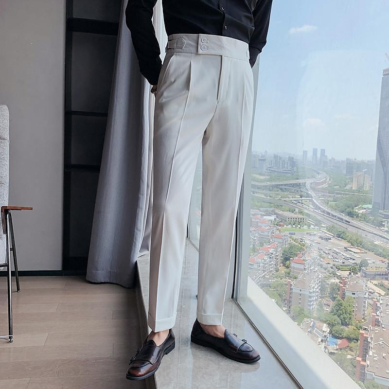 Men's Graduation Dress Pants Trousers Pleated Pants Suit Pants Pocket High Rise Solid Color Comfort Soft Ankle-Length Daily Going out Elegant Vintage Black White High Waist3