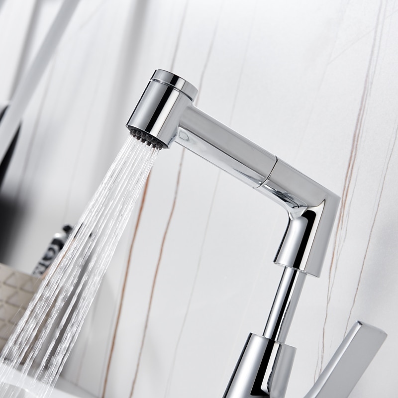 Bathroom Sink Faucet with Pull Out Spray,Brass Liftable 3-modes Electroplated / Painted Finishes Centerset Single Handle One Hole Lavatory Rotating Spout for Cold and Hot Water Bath Taps3