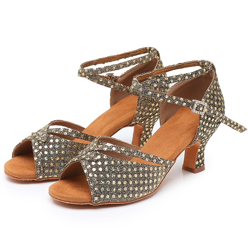 Women's Latin Shoes Dance Shoes Indoor Professional ChaCha Glitter Crystal Sequined Jeweled Softer Insole High Heel Round Toe Buckle Adults' Dark Brown / Sparkling Glitter / Satin 13