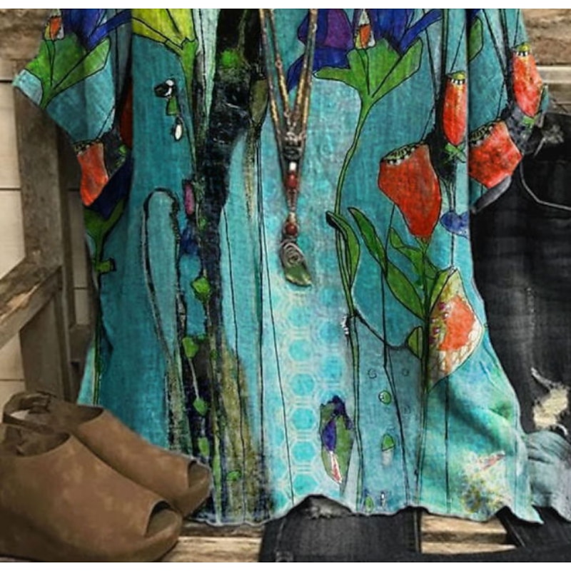 Women's Plus Size T Shirt Blouse Floral Graphic Basic Short Sleeve Dolman Sleeve Crew Neck Daily Weekend Print Blue Summer Spring3