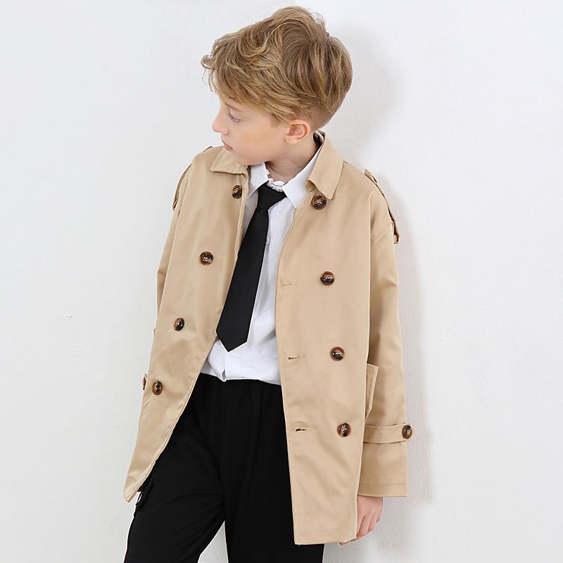 Boys 3D Plain Trench Coat Long Sleeve Spring Fall Active Cool Cotton Kids 3-12 Years Daily Regular Fit