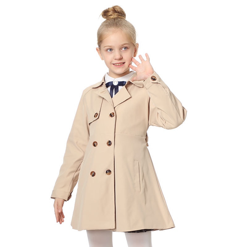 Kids Girls' Trench Coat Outerwear Plain Long Sleeve Pocket Coat Daily Cotton Active Adorable Khaki Fall Spring 2-12 Years